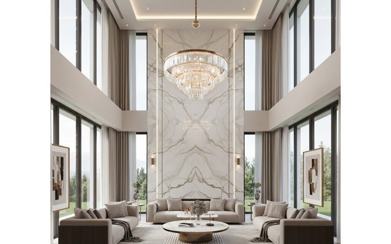 Modern Luxury Villa Living Room Interior Design with Double-Height Ceiling